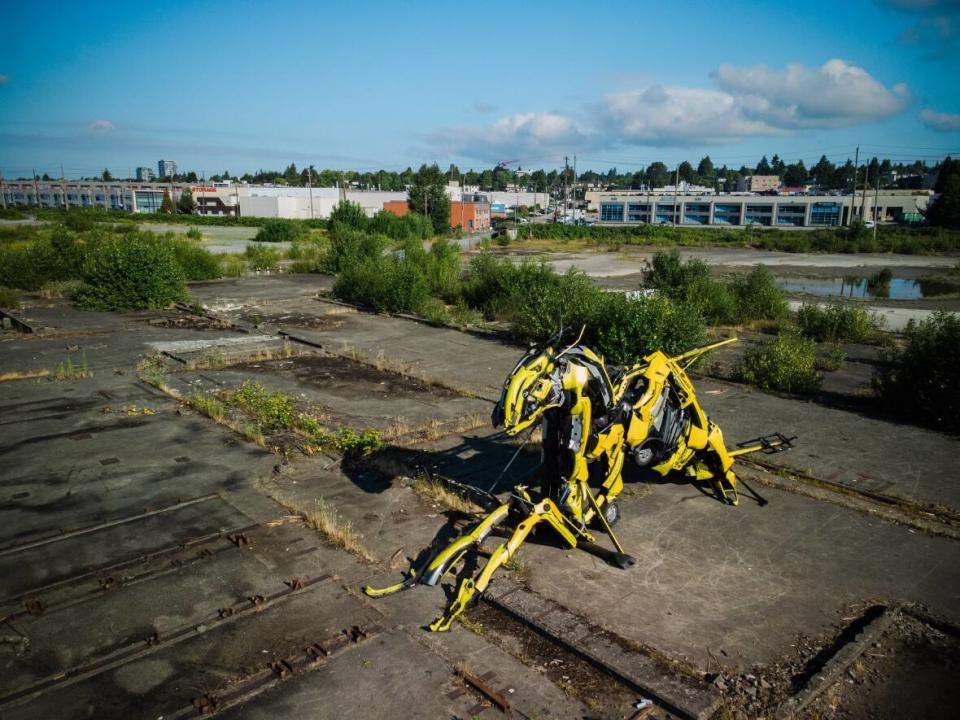 An art installation named 'Queen BX1000' by Montreal artist Junko sits in an open lot in South Vancouver. The artist says it took over a month to put together. (Gian Paolo Mendoza/CBC - image credit)