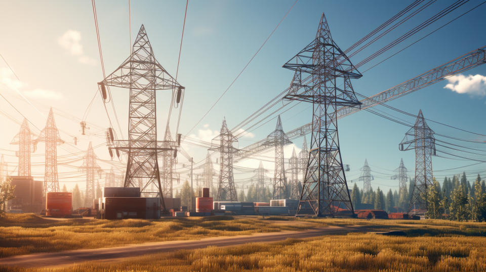 A high power electrical transformer station with transmission lines connecting to a power grid.