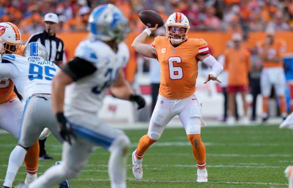 Tampa Bay Buccaneers quarterback Baker Mayfield (6) passes against the Detroit Lions during the first half of an NFL football game Sunday, Oct. 15, 2023, in Tampa, Fla. (AP Photo/Chris O'Meara)