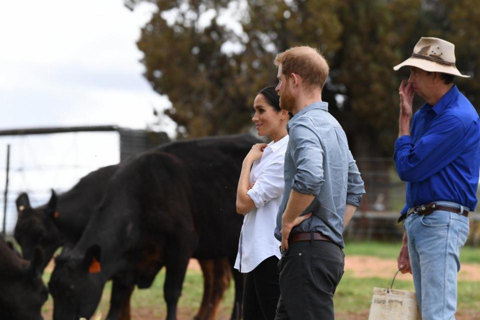 Britain's Prince Harry, the Duke of Sussex and his wife Meghan, the Duchess of Sussex with farmer Scott Woodley during a visit to his drought-affected farm of Mountain View in Dubbo (EPA)