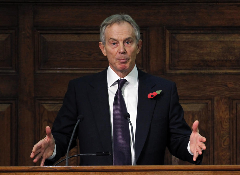 Former British Prime Minister Tony Blair addresses the delegates, at the Iraq Britain Business Council (IBBC) fourth annual conference in central London, Monday, Nov. 5, 2012. Former Prime Minister Tony Blair says British forces should be proud of their role in the U.S.-led invasion of Iraq, citing what he claimed is major progress made in the country since the toppling of Saddam Hussein in 2003. (AP Photo/Sang Tan, Pool)