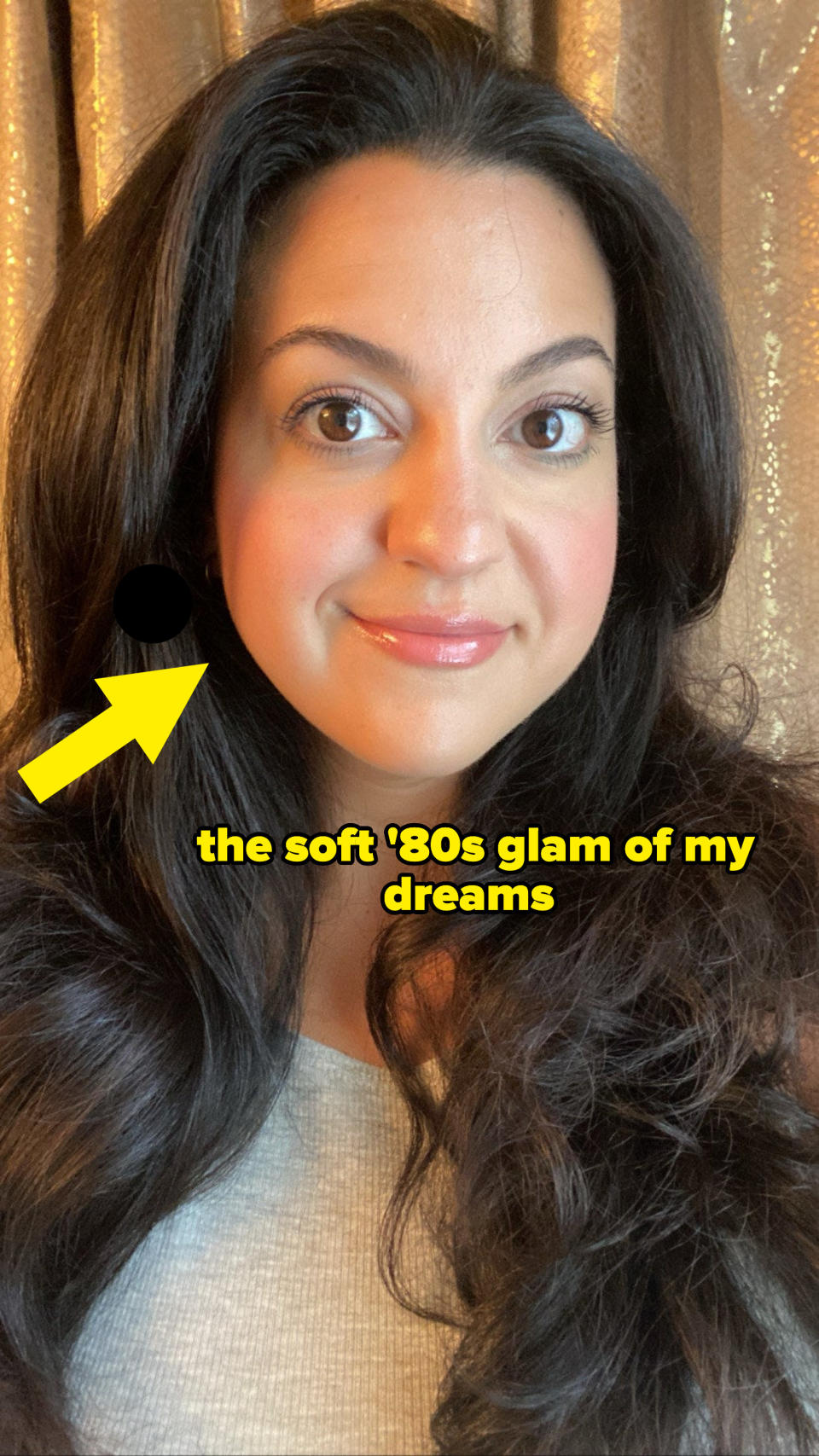 The author smiling with the words "the soft '80s glam of my dreams"