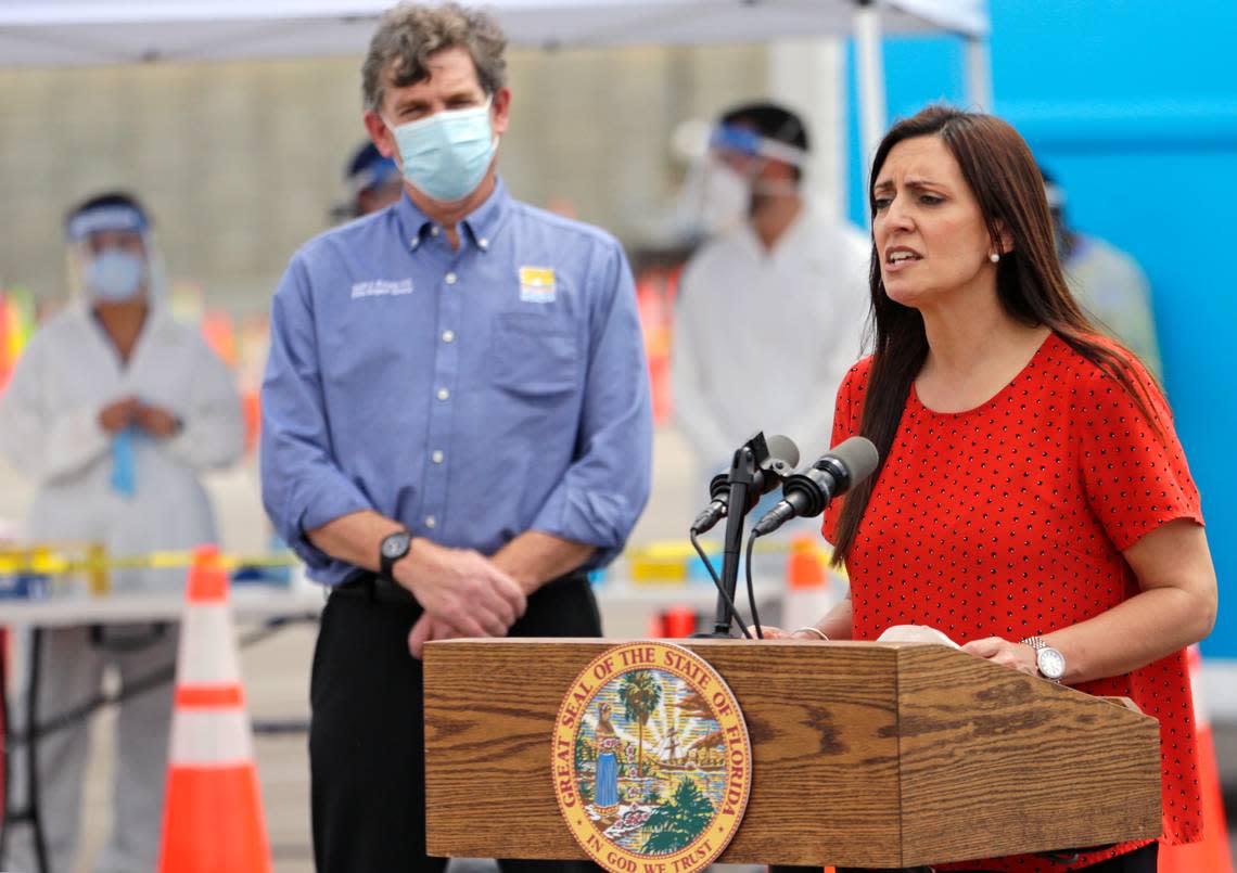 Lieutenant Governor Jeanette Nunez talks to the media alongside Florida Governor Ron DeSantis during press conference to announces COVID-19 antibody testing, mobile lab at Hard Rock Stadium as the Novel Coronavirus pandemic continues on Wednesday, May 6, 2020 in Miami Gardens.
