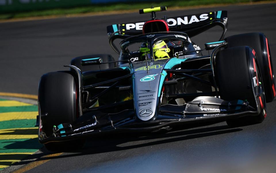 Mercedes' British driver Lewis Hamilton competes during the qualifying session of the Formula One Australian Grand Prix at the Albert Park Circuit in Melbourne on March 23, 2024.