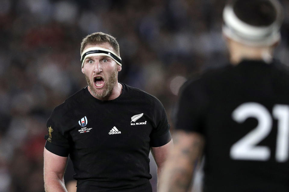 FILE - In this Oct. 26, 2019, file photo, New Zealand's captain Kieran Read, left, yells instructions to his team during a Rugby World Cup semifinal match at International Yokohama Stadium between New Zealand and England in Yokohama, Japan. Now retired, Read has joined calls Tuesday, June 2, 2020, for an integrated international rugby season but said money "coming out of the north" might frustrate attempts to create a global calendar. (AP Photo/Aaron Favila, File)