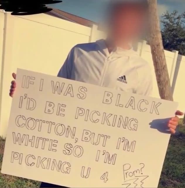 Noah Crowley&rsquo;s parents released a statement apologizing on behalf of their family for their son's offensive "promposal sign," above. (Photo: ABC Action News)