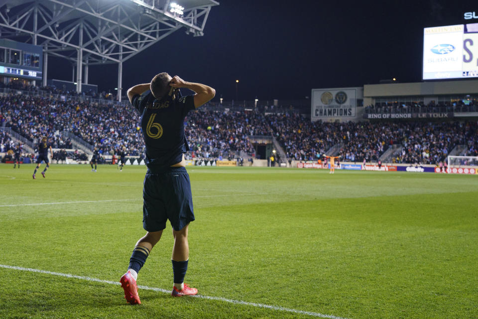Philadelphia Union's Deniel Gazdag (6) reacts to his goal being disallowed during the second half of an MLS playoff soccer match against Nashville SC, Sunday, Nov. 28, 2021, in Chester, Pa. (AP Photo/Chris Szagola)