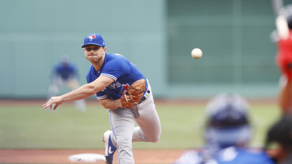 BOSTON, MASSACHUSETTS - JULY 18: Starting pitcher Thomas Pannone #45 of the Toronto Blue Jays pitches in the bottom of the first inning of the game against the Boston Red Sox at Fenway Park on July 18, 2019 in Boston, Massachusetts. (Photo by Omar Rawlings/Getty Images)