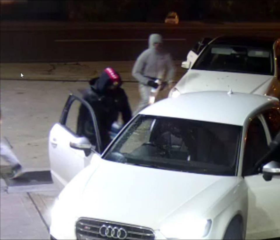 A CCTV still of Simon Luck, Paul Samuels and Anselm Legemah at a petrol station in Loughton, Essex, attacking a second vehicle on the same day they carried out a violent carjacking on boxer Michael Watson (Met Police/PA)