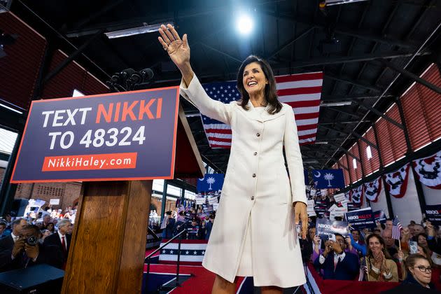 Republican presidential candidate Nikki Haley greets supporters after her speech on Feb. 15 in Charleston, South Carolina.