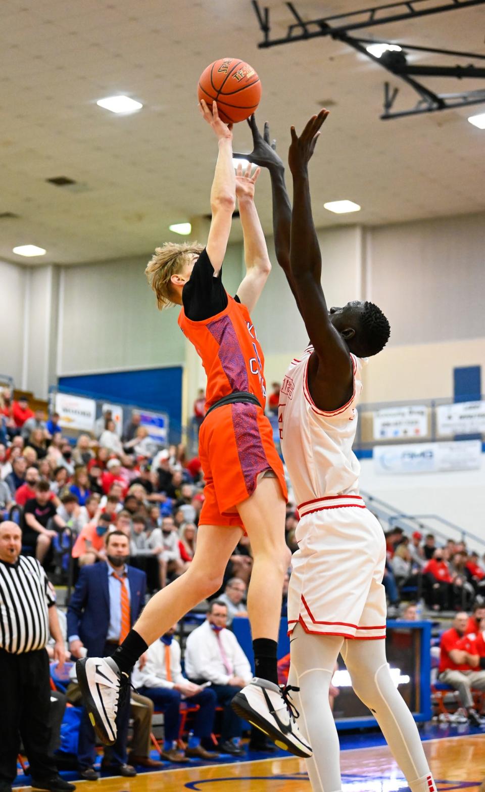 Bol Kuir stands flat-footed as he blocks a shot against Pike County Central on March 19.