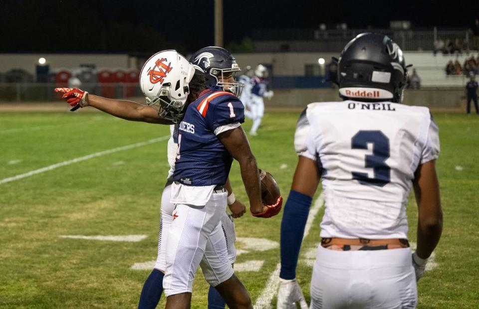 Modesto Christian’s Jeremiah Bernard reacts after making a first down during the non league game with Stone Ridge Christian at Modesto Christian High School in Salida, Calif., Friday, Sept. 15, 2023.