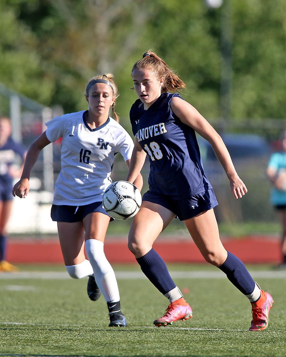 Hanover’s Sophie Schiller settles the ball and looks to go on the attack during first half action of their game against Plymouth North at Hanover High on Thursday, Sept. 15, 2022.