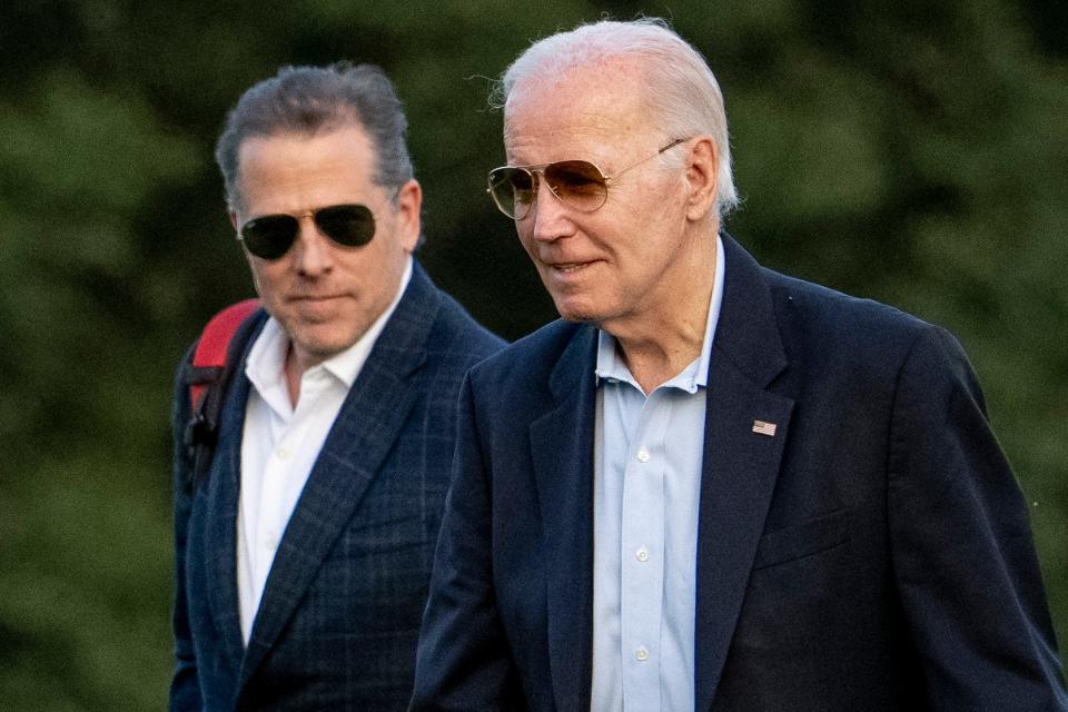 FILE - President Joe Biden, and his son Hunter Biden arrive at Fort McNair, Sunday, June 25, 2023, in Washington. Hunter Biden has been charged with felony gun possession. A federal indictment filed in Delaware says Biden lied about his drug use when he bought a firearm in 2018 while struggling with addiction to crack cocaine.  (AP Photo/Andrew Harnik, File) ORG XMIT: WX707