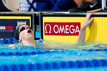 Jun 28, 2016; Omaha, NE, USA; Townley Haas reacts after the men's freestyle 200m finals in the U.S. Olympic swimming team trials at CenturyLink Center. Mandatory Credit: Rob Schumacher-USA TODAY Sports