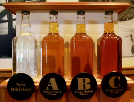 FILE PHOTO: Bottles showing the barrel aging process are seen at the Jack Daniel's distillery in Lynchburg, Tennessee May 10, 2011. REUTERS/ Martinne Geller/File Photo