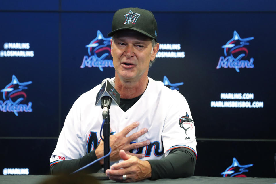 Miami Marlins manager Don Mattingly gestures as he speaks, Friday, Sept. 20, 2019, during a news conference in Miami. Mattingly will be back with the Marlins in 2020. His contract extension announced Friday is for two years, plus a mutual option for a third year in 2022. (AP Photo/Wilfredo Lee)