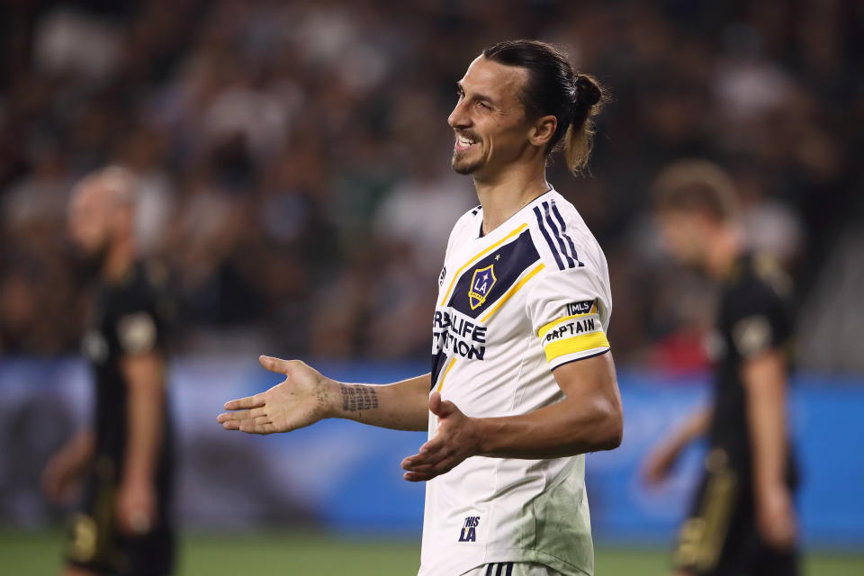 LOS ANGELES, CA - JULY 26: Zlatan Ibrahimovic of LA Galaxy during the MLS match between LAFC and LA Galaxy at Banc of California Stadium on July 26, 2018 in Los Angeles, California. (Photo by Matthew Ashton - AMA/Getty Images)