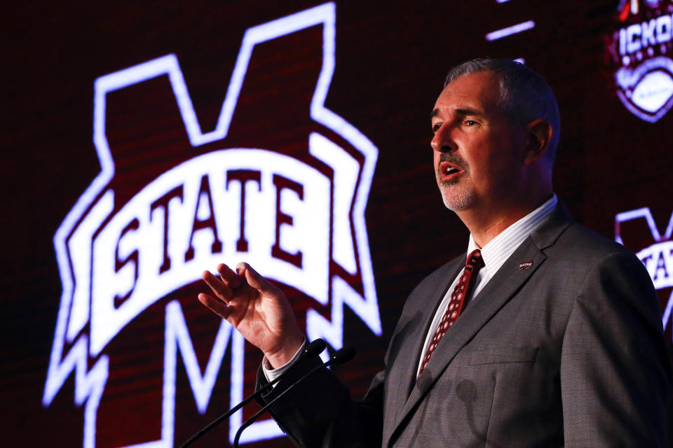 Mississippi State head coach Joe Moorhead speaks during the NCAA college football Southeastern Conference Media Days, Wednesday, July 17, 2019, in Hoover, Ala. (AP Photo/Butch Dill)