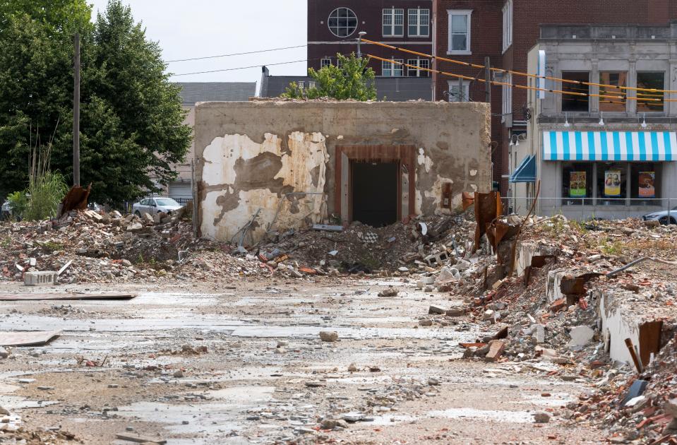 Debris is seen on the site where the 18-story 420 Main Street tower was imploded and the Sycamore building was removed in Downtown Evansville, Ind., Tuesday morning,  June 28, 2022.