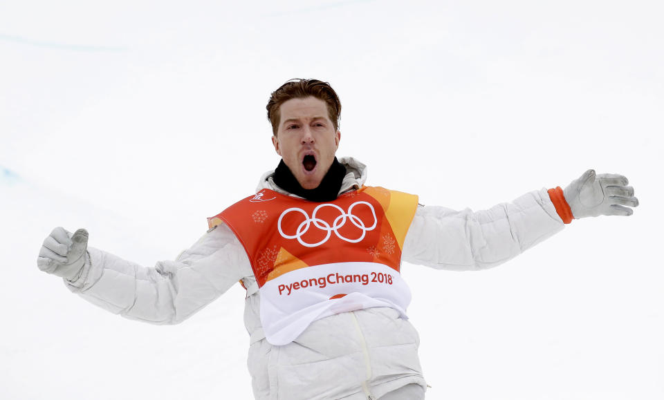 Shaun White reacts after his run during the men’s halfpipe finals at Phoenix Snow Park at the 2018 Winter Olympics. (AP)