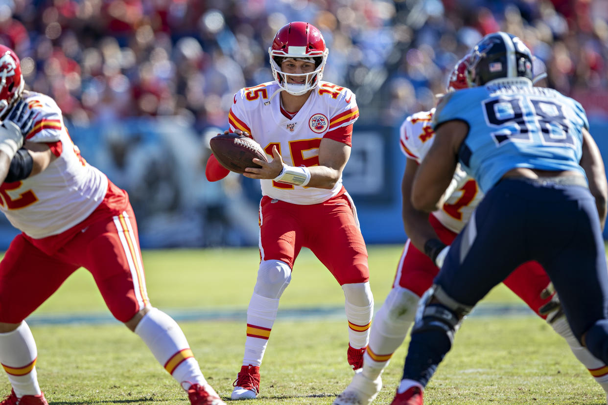 NASHVILLE, TN - NOVEMBER 10:  Patrick Mahomes #15 of the Kansas City Chiefs drops back to pass in the first half of a game against the Tennessee Titans in the first half at Nissan Stadium on November 10, 2019 in Nashville, Tennessee.   (Photo by Wesley Hitt/Getty Images)