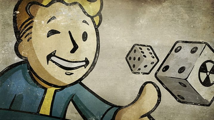  Vault Boy throws dice while winking at the camera in keyart from Fallout: New Vegas. 