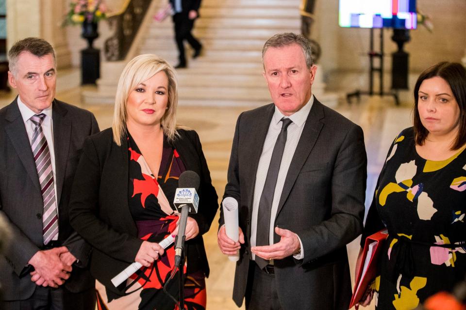 Finance Minister Conor Murphy of Sinn Fein with Deputy First Minister Michelle O'Neill and party colleagues Junior Minister Declan Kearney and Communities Minister Deirdre Hargey at the Great Hall in Stormont Buildings (PA)