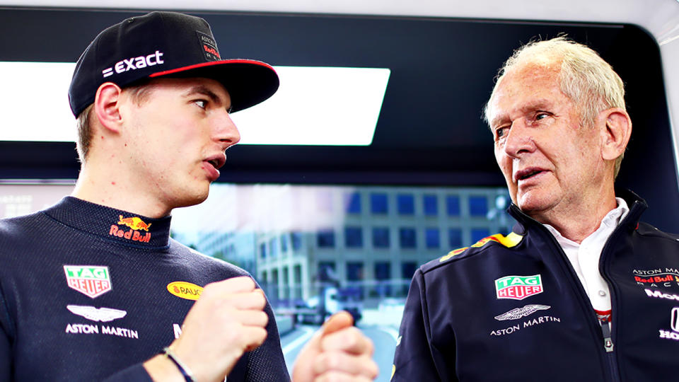 Max Verstappen and Helmut Marko are pictured during the 2019 Azerbaijan Grand Prix.