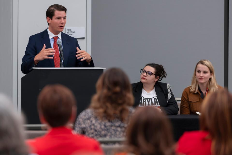 Joe Mitchell, left, speaks beside Maria Sofia, center, and Julie Hartman during a youth outreach workshop at the National Federation of Republican Women's 42nd Biennial Convention at the Omni Hotel and Oklahoma City Convention Center, Saturday, Sept. 30, 2023.
(Credit: BRYAN TERRY/THE OKLAHOMAN)