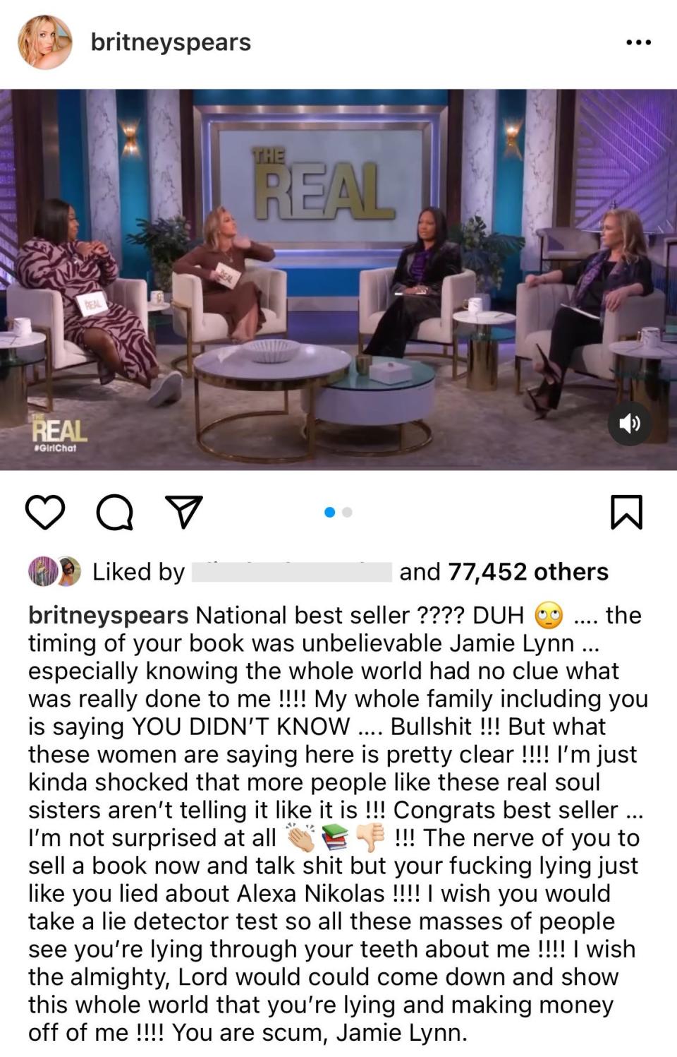 britney spears instagram post "you are scum, jamie lynn"