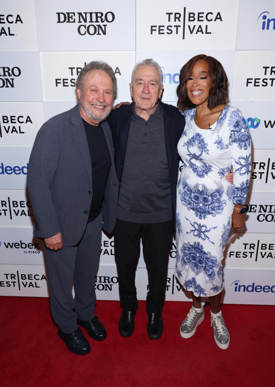 Gayle King, florals, sneakers, platform, metallic, glitter, silver, red carpet, Billy Crystal, Robert De Niro