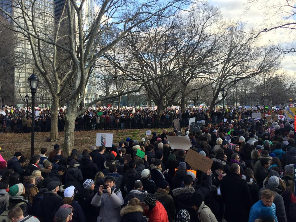 Protesters gather in New York City's Battery Park.&nbsp;