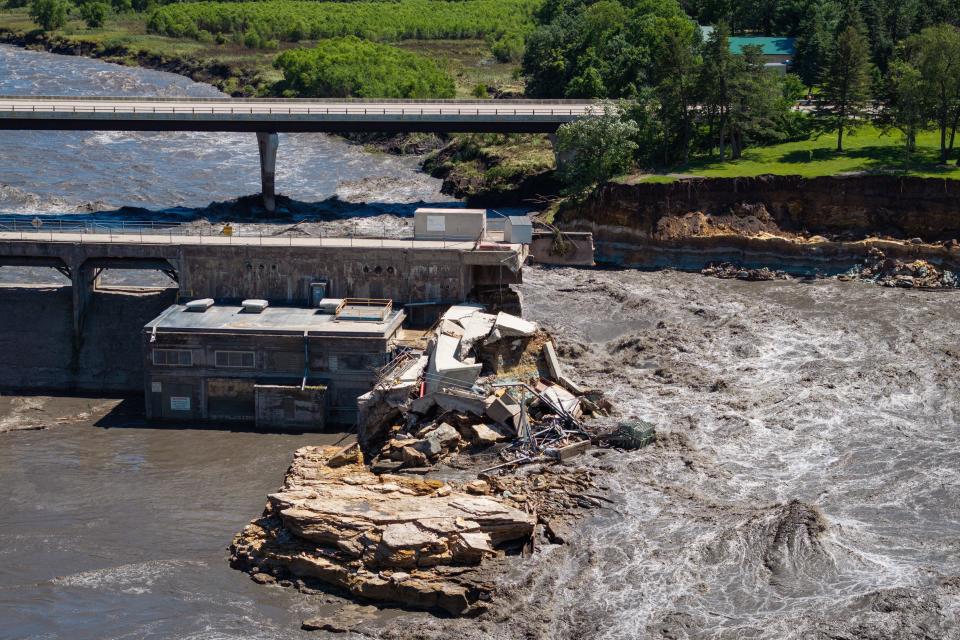 The bank of the Blue Earth River is seen after its collapse due to torrential rains, next to the Rapidan Dam southwest of Mankato, Minnesota on June 26, 2024.