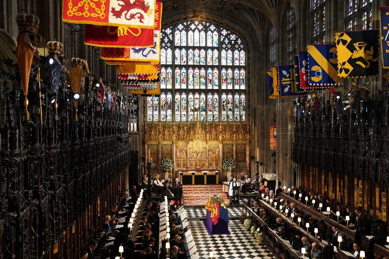 The coffin of Queen Elizabeth II during the Committal Service for Queen Elizabeth II at St George's Chapel, Windsor Castle on September 19, 2022 in Windsor, England. The committal service at St George's Chapel, Windsor Castle, took place following the state funeral at Westminster Abbey. A private burial in The King George VI Memorial Chapel followed. Queen Elizabeth II died at Balmoral Castle in Scotland on September 8, 2022, and is succeeded by her eldest son, King Charles III.