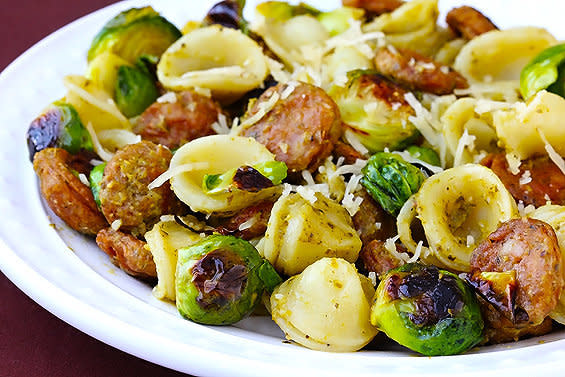 <strong>Get the <a href="http://www.gimmesomeoven.com/pesto-pasta-with-chicken-sausage-roasted-brussels-sprouts/" target="_blank">Pesto Pasta With Chicken Sausage & Roasted Brussels Sprouts recipe</a> by Gimme Some Oven</strong>