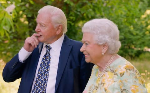Sir David Attenborough joins Her Majesty the Queen in the gardens of Buckingham Palace  - Credit: ITV