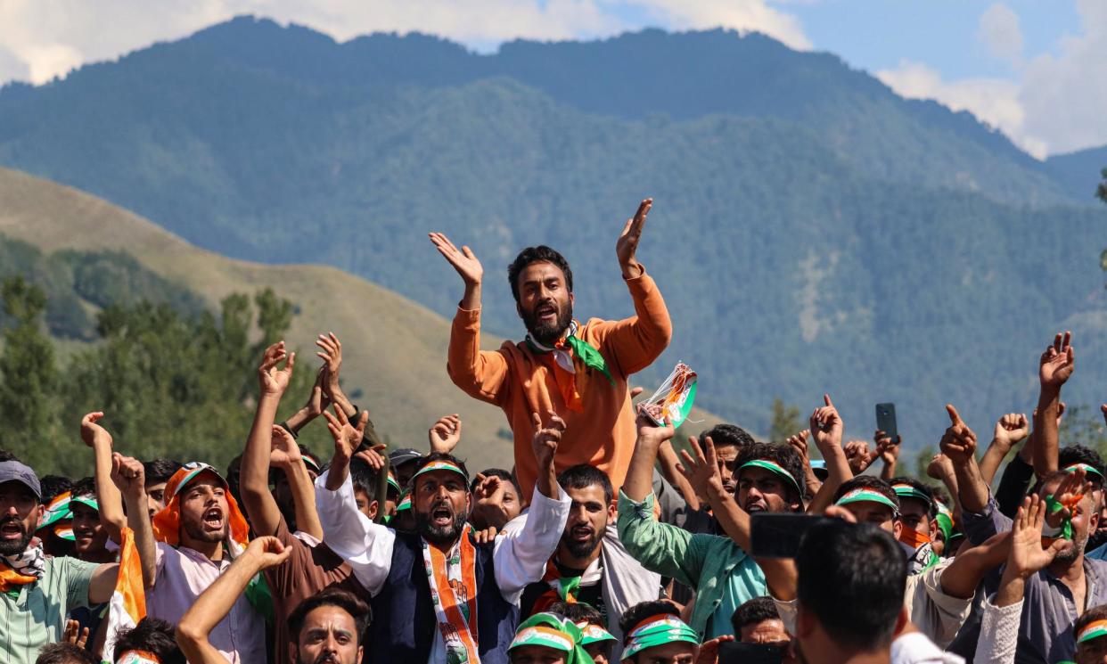 <span>Supporters of India's opposition Congress party at an election rally in Dooru, Jammu and Kashmir. Turnout at the region’s first election since 2014 is expected to be unusually high.</span><span>Photograph: Firdous Nazir/NurPhoto/REX/Shutterstock</span>