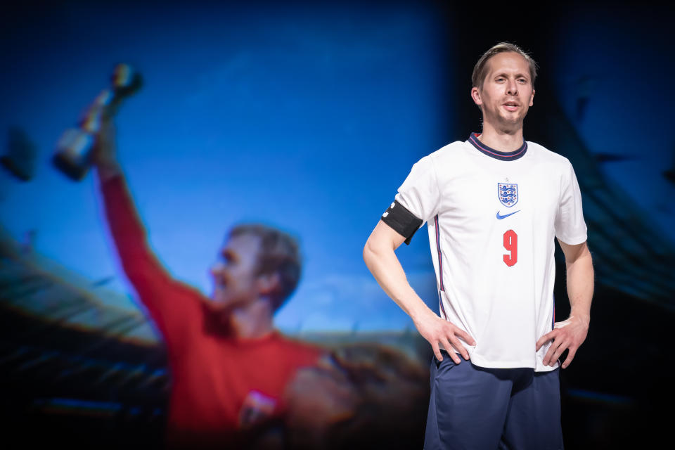 <br>Will Close as England captain Harry Kane, shadowed by Bobby Moore who was captain of the 1966 England team that won the World Cup. Photo: Marc Brenner