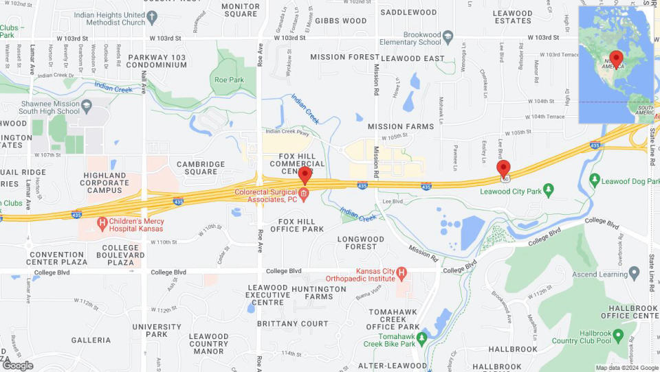 A detailed map that shows the affected road due to 'Traffic alert issued due to heavy rain conditions on eastbound I-435 in Overland Park' on May 2nd at 4:02 p.m.