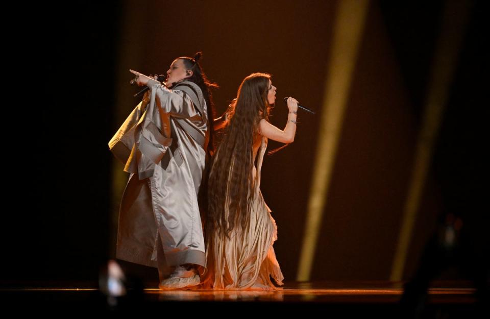 Alyona Alyona and Jerry Hall during the first semi-final at Eurovision (TT News Agency/AFP via Getty Ima)