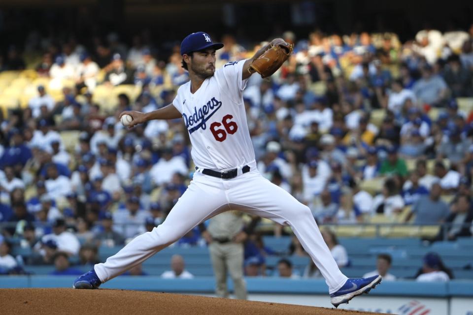 Dodgers starting pitcher Mitch White delivers in the first inning against the Padres.