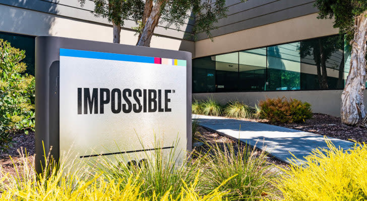 Impossible Foods logo on a sign outside the company's corporate headquarters in Silicon Valley.