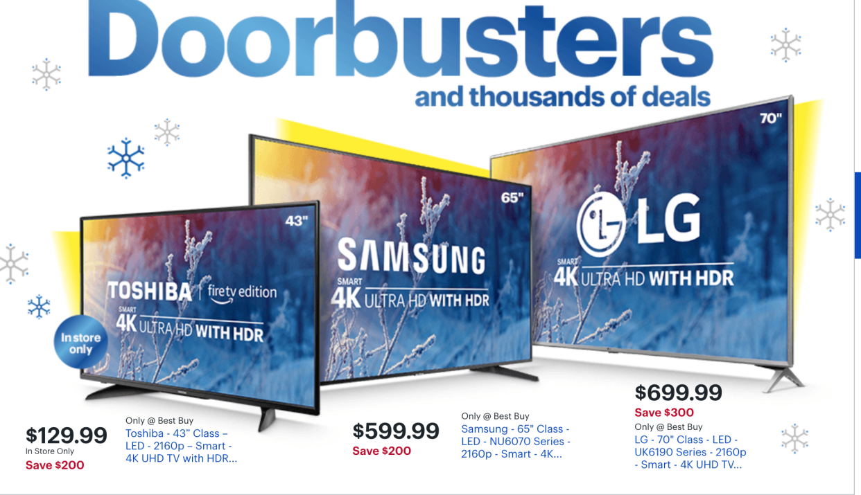 This screenshot of Best Buy’s TV “doorbusters” shows three TVs specially made for Black Friday.