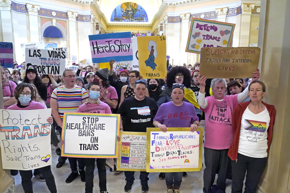 Trans-rights activists protest at the state Capitol in Oklahoma City (Sue Ogrocki / AP)