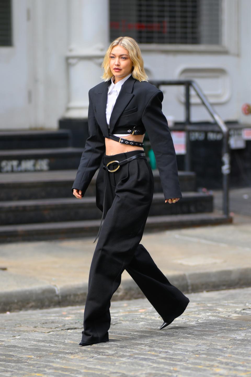 Gigi Hadid is seen during a photo shoot for Maybelline in SoHo on March 26, 2024 in New York City.