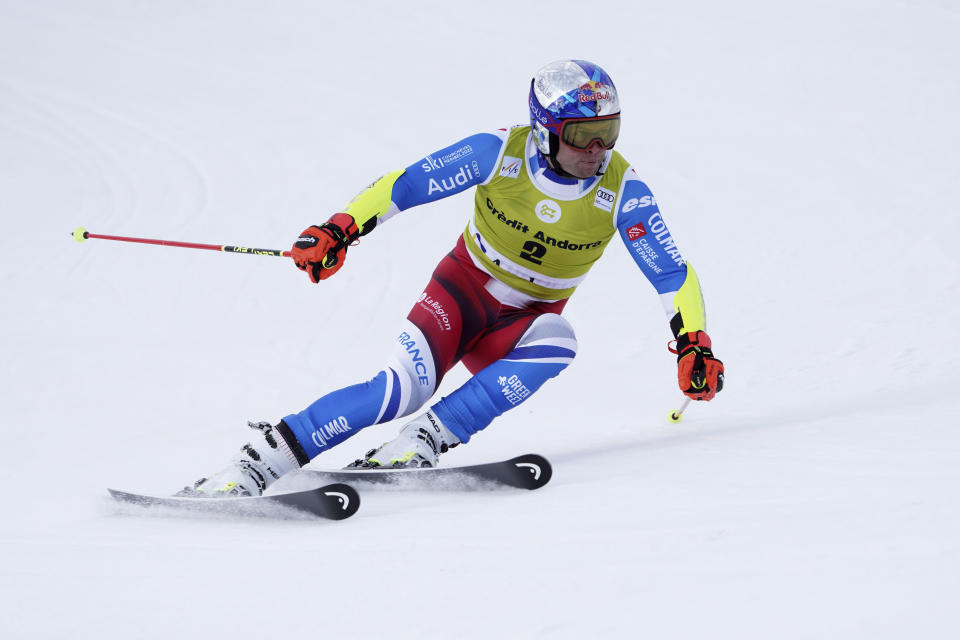 France's Alexis Pinturault speeds down the course during a men's World Cup giant slalom race, in Soldeu, Andorra, Saturday, March 18, 2023. (AP Photo/Giovanni Zenoni)