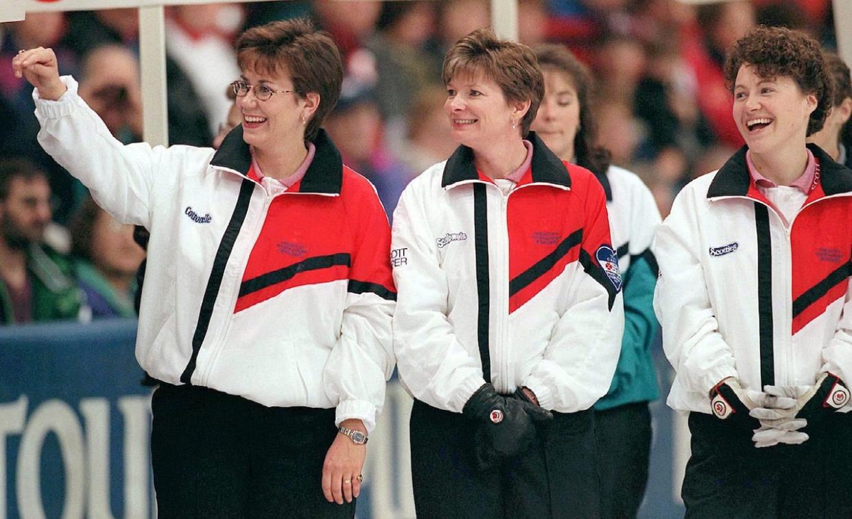 Curling success came the way of Sandra Schmirler, left, Jan Betker, centre, Joan McCusker, far right, and Marcia Gudereit, not pictured, in the 1990s. McCusker said looking back, the team had to be role models for each other while juggling their curling dreams with careers and raising children. (Canadian Press - image credit)