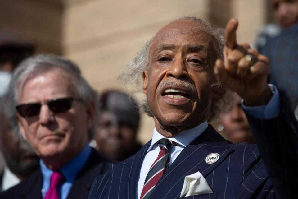 The Rev. Al Sharpton speaks on May 19, 2022 during a press conference outside the Antioch Baptist Church in Buffalo, New York. (AP Photo/Joshua Bessex)