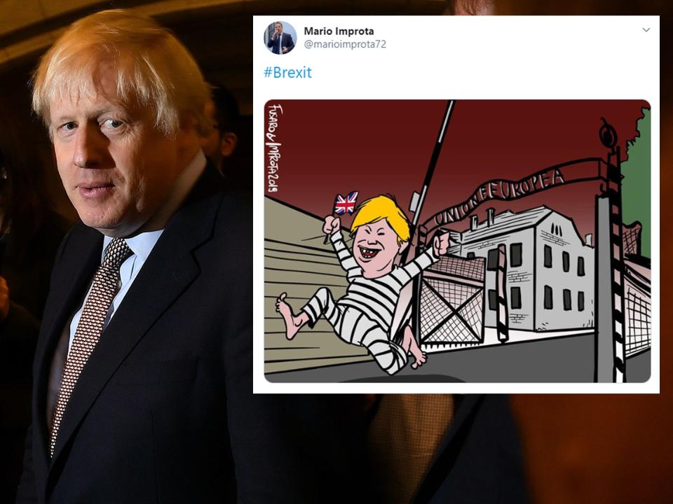 Italian cartoonist Mario Improta sparked outrage after depicting EU as Auschwitz and Boris Johnson as escaping prisoner, 14 December, 2019: PA/Mario Improta/Twitter